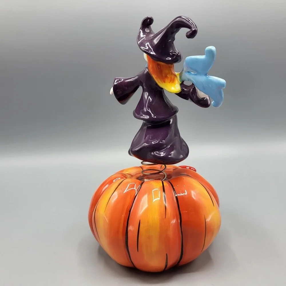 Apple's Halloween Witch on Pumpkin Bobble Figurine Decor 7.5in Purple Orange